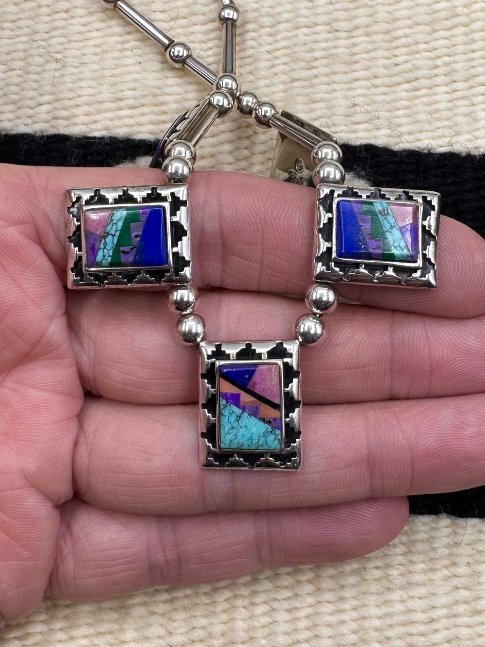 Navajo Native American Sterling Silver Turquoise Multi Stone Inlay Bib Necklace - Picture 7 of 10